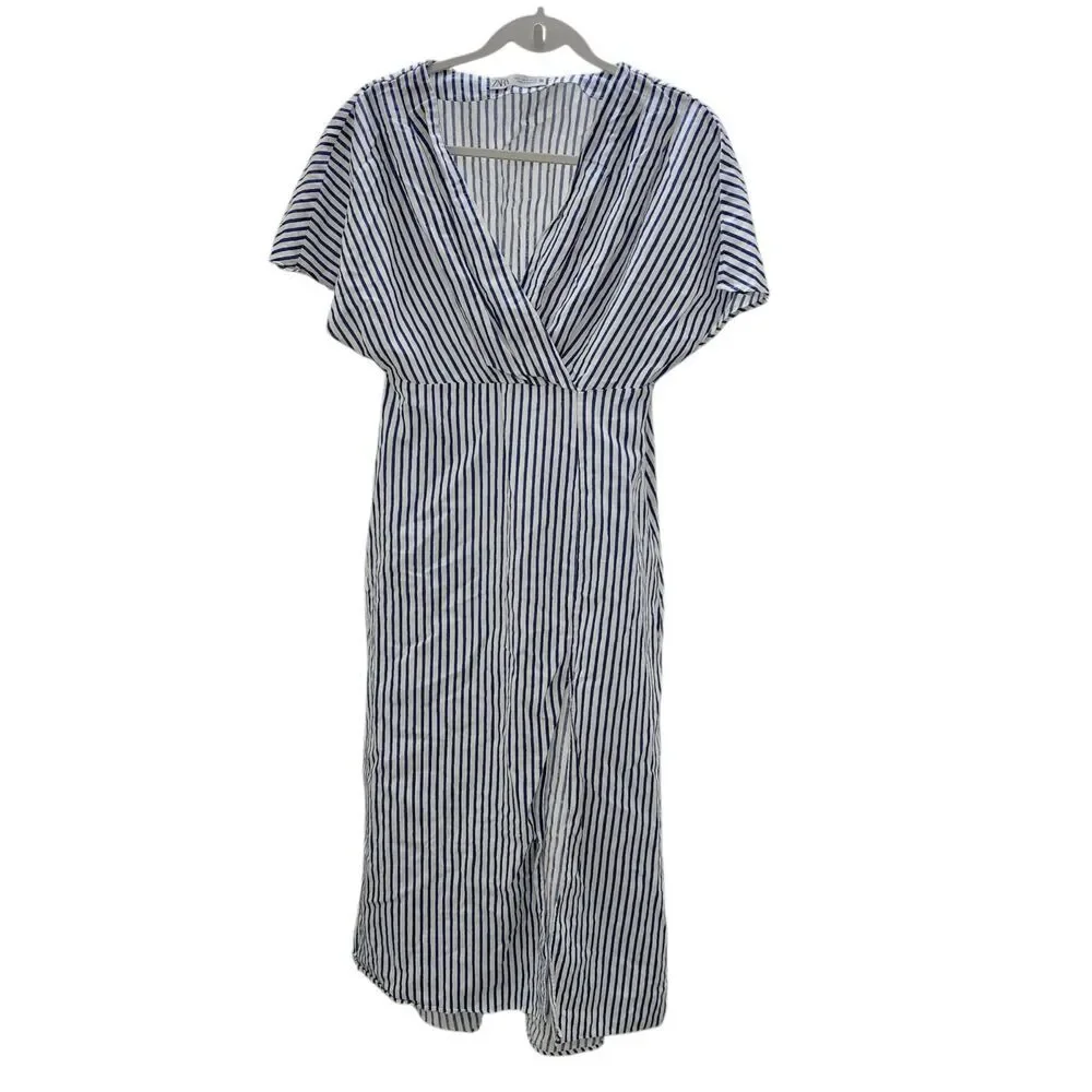 Zara Dress Small Blue White Striped Linen‎ Midi Side Slit Preppy Bloggers Fave